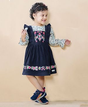 Tiny Twills Corduroy Full Sleeves Floral Embroidered Dress - Blue