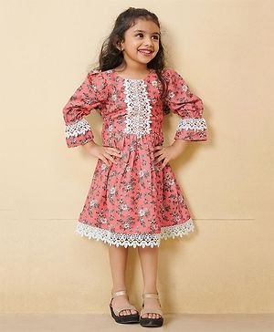 Tiny Twills Rayon Full Sleeves Floral Printed & Schiffli Yoke Designed Fit & Flared Dress - Coral Pink