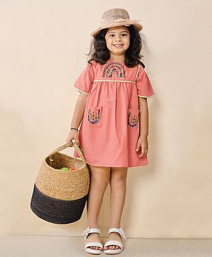 Tiny Twills Linen Half Sleeves Floral Embroidered Pockets Detailed Dress - Peach