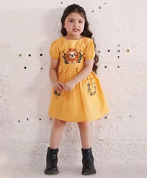 Tiny Twills Linen Half Sleeves Lion & Floral Embroidered With Bow Applique Detailed Fit & Flared Dress - Honey Yellow