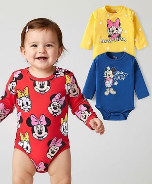 Babyhug Disney Interlock Knit Full Sleeves Onesies with Minnie Mouse Graphics Pack of 3 - Navy Blue Red & Yellow