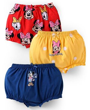 Babyhug Disney Cotton Knit Bloomers with Minnie Mouse Graphics Pack of 3 - Red Yellow & Blue