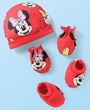 Babyhug Disney Interlock Knit Cap Mittens & Booties Set with Minnie Mouse Graphics Red - Diameter 9 cm