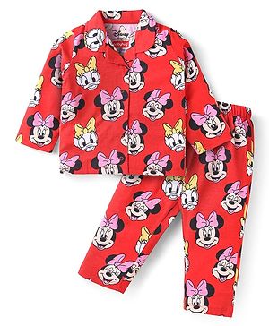 Babyhug Disney Single Jersey Knit Full Sleeves Front Open Night Suit With Minnie Mouse Graphics - Red