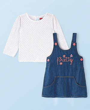 Babyhug Cotton Woven Full Sleeves Polka Dots Printed T-Shirt  & Floral Embroidered Frock with Pocket - Navy Blue