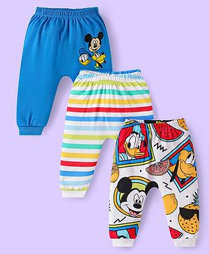 Babyhug Disney Interlock Knit Diaper Leggings with Mickey Mouse  Graphics Pack of 3 - Blue Red & Yellow