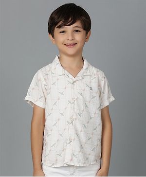 Tales & Stories Cotton Half Sleeves Bird Motif Printed Shirt - Off White