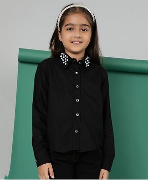 Tales & Stories Full Sleeves Pearls & Stones Embellished Shirt - Black