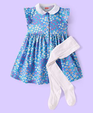 Babyhug  Cotton Knit Frill Sleeves  Peter Pan Collar Frock with Floral Print - Blue