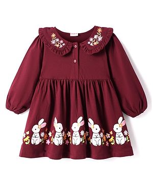 Babyhug Cotton Woven Full Sleeves Peter Pan Collared Frock With Floral Embroidery & Bunny Print - Maroon