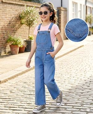 Pine Kids Woven  Full Length  Sleeveless Washed Denim Dungaree - Navy Blue
