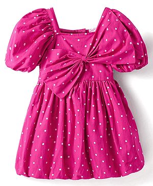 Babyhug Cotton Woven Half Puffed Sleeves Frock With Polka Dot Print & Bow Applique - Dark Pink