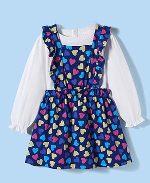 Babyhug Cotton Knit Full Peasant Sleeves Solid Colour Top & Heart Printed Frock - Navy Blue