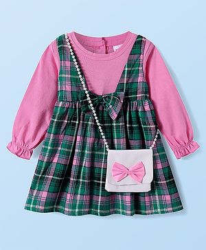 Babyhug Cotton Woven Full Sleeves Checkered Frock with Sling Bag & Bow Applique - Pink