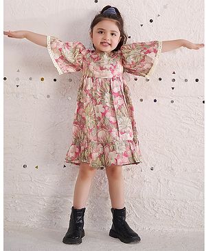 Tiny Twills Muslin  Half Sleeves Floral Printed Fit & Flared Dress - Pink