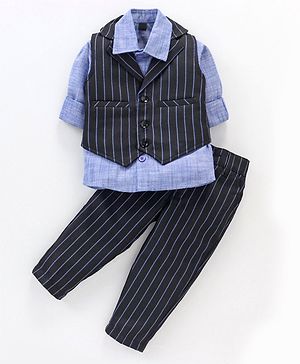 Noddy Full Sleeves Abstract Printed Shirt & Rope Striped Embroidered Waistcoat & Pant Set - Navy Blue