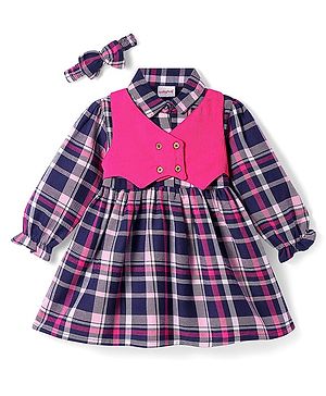 Babyhug Cotton Woven Full Sleeves Checks Frock With Attached Shrug & Headband - Pink & Navy Blue