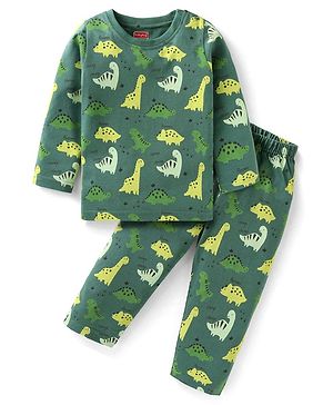 Babyhug Cotton Knit Full Sleeves Dino Printed Night Suit - Dark Green