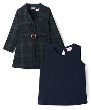 Babyhug Cotton Woven Full Sleeves Checkered Winter Frock with Sleeveless Inner T-Shirt - Dark Green