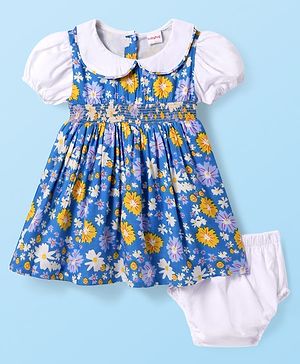 Babyhug Cotton Woven Half Puffed Sleeves Frock With Floral Print & Bloomer - Blue & White