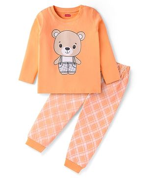 Babyhug Cotton Knit Full Sleeves Night Suit with Checkered & Bear Print - Orange
