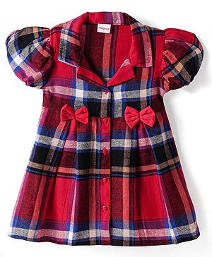 Babyhug Cotton Knit Half Puffed Sleeves Checkered Collared Winter Frock with Bow Applique - Dark Red