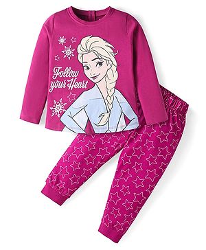 Babyhug Disney Single Jersey Knit Full Sleeves Night Suit with Frozen Graphics - Dark Pink
