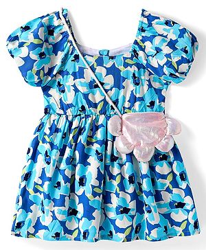Babyhug Cotton Knit  Half Sleeves Floral Printed Frock with Sling Bag - Blue