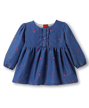 Babyhug Cotton Knit Full Sleeves Frock with Apple Embroidery - Blue