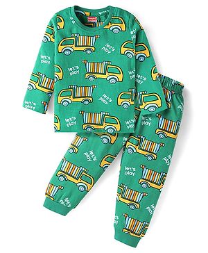 Babyhug Cotton Knit Full Sleeves Truck Printed Night Suit - Dark Green