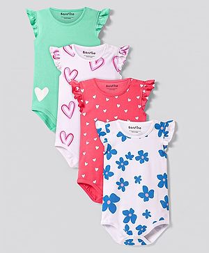 Bonfino Cotton Knit Frill Sleeves Onesies with Floral & Hearts Print Pack of 4 - Pink White & Green