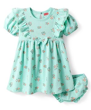 Babyhug Single Jersey Knit Half Sleeves Floral Printed Frock with Bloomer & Bow Applique - Turquoise