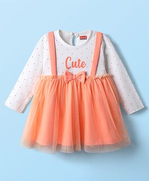 Babyhug Single Jersey Knit Full Sleeves Polka Dots Printed Frock with Bow Applique - Dark Peach