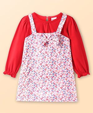 Babyhug Cotton Woven Floral Printed Frock With Full Sleeves Inner Tee - Red & White