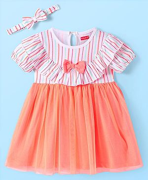 Babyhug Single Jersey Knit Half Sleeves Striped Frock with Bow Frill  Detailing & Headband - White & Peach
