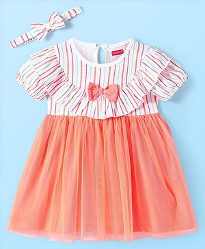 Babyhug Single Jersey Knit Half Sleeves Striped Frock with Bow Frill  Detailing & Headband - White & Peach