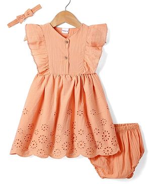 Babyhg Cotton Knit Frill Sleeves Frock With Bloomer & Head Band with Cut out Detailing - Orange