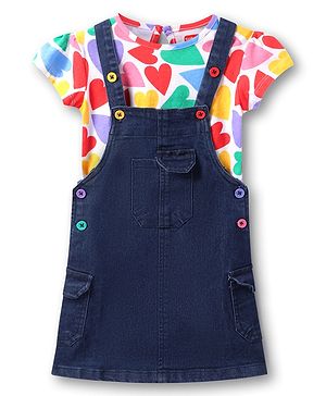 Babyhug Woven Denim Frock With Half Sleeves Heart Printed Inner Tee - Navy Blue & White