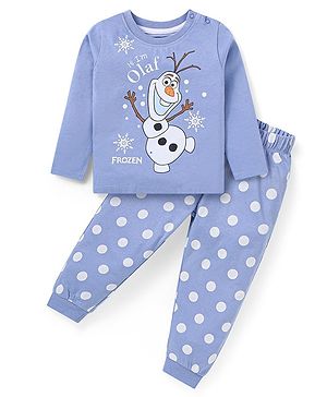 Babyhug Disney Single Jersey Knit Full Sleeves Night Suit With Olaf Graphics - Royal Blue
