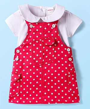 Babyhug Woven Denim Frock & Half Sleeves Peter Pan Collared Inner Tee With Polka Dot Print - Red & White