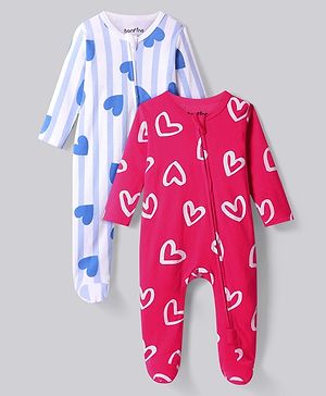 Bonfino 100% Cotton Knit Full Sleeves Footed Sleep Suits With Heart Print Pack of 2 - White & Dark Pink
