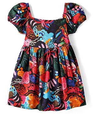 Babyhug Poplin Woven Half Puffed Sleeves Printed Frock - Black Red & Green