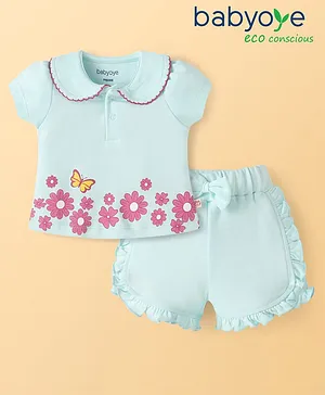 Babyoye 100% Cotton Knit Eco
                              Conscious Half Sleeves Top & Shorts
                              Set With Peter Pan Collar & Floral
                              Print - Sea Green