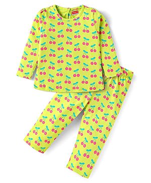 Babyhug Cotton Knit Full Sleeves Cherry Printed Night Suit - Limegreen