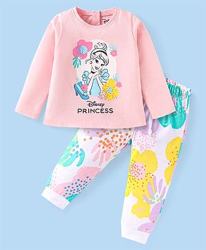 Babyhug Disney Single Jersey Knit Full Sleeves Night Suit with Disney Princess Print - Pink