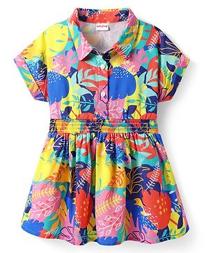 Babyhug Cotton Knit Half Sleeves Collard Frock with Tropical Theme - Multicolor