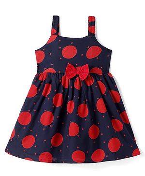 Babyhug Cotton Knit Sleeveless Frocks With Polka Dots Print & Bow Applique - Red & Navy Blue