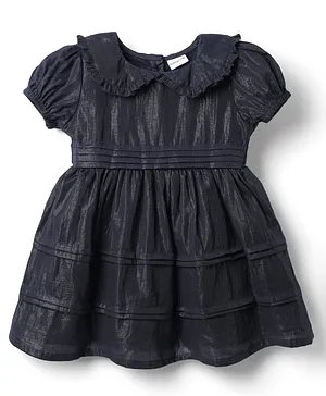 Babyhug Cotton Woven Half Sleeves Solid Frock With Peter Pan Collar - Navy Blue