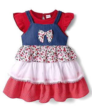 Babyhug Cotton Woven Polka Dots & Floral Printed Layered Frock with Frill Sleeves Inner Tee & Bow Applique - Red