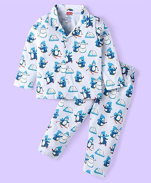 Babyhug Cotton Knit Full Sleeves Penguin Printed Night Suit - Light Blue